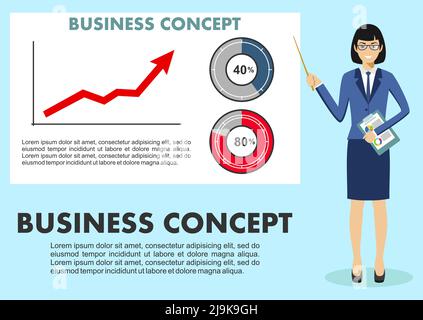 Businesswoman and graph with trend line rising up and coin with a sign of dollar in flat style isolated. Research graphs market, diagrams, charts fina Stock Vector