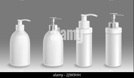 Bottle for liquid soap or lotion 3d vector mockup. Isolated antibacterial or antiseptic gel airless pump containers, white blank plastic packages with dispenser for bath or toilet, Realistic mock up Stock Vector