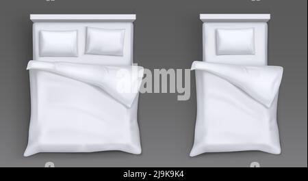 Top view of beds with mattress, white pillows, blanket and sheet. Vector realistic mockup of 3d hotel or house furniture for sleep and rest with blank linen bedclothes Stock Vector