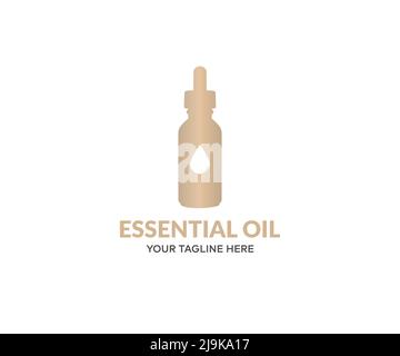 Essential oils, beauty treatment items for spa procedures logo design. Transparent Bottles of essential oil with fresh herbs vector design. Stock Vector