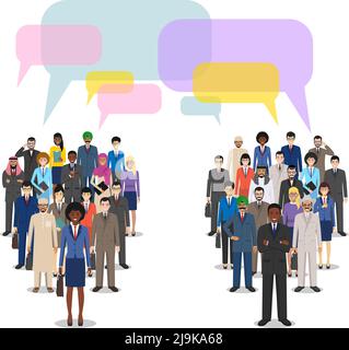 Group of creative people and speech bubbles isolated on white background. Set of diverse business people standing together. Different nationalities an Stock Vector