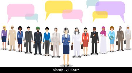 Group of creative people and speech bubbles isolated on white background. Set of diverse business people standing together. Different nationalities an Stock Vector