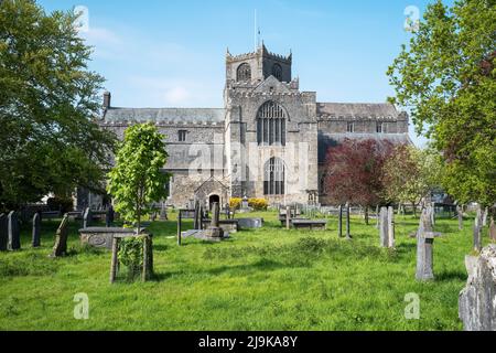 The imposing Parish church of St Mary the Virgin and St Michael (Cartmel Priory) in the centre of Cartmel village, Cumbria, UK Stock Photo