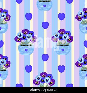 Blue and violet pansies in pots, striped seamless pattern Stock Vector