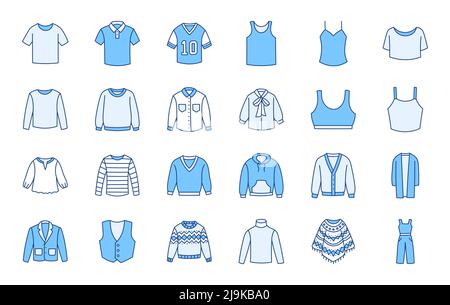 Clothes top doodle illustration including icons - sweater sportswear, jacket, polo shirt, sweatshirt, hoodie, pullover, suit, vest, blouse. Thin line Stock Vector