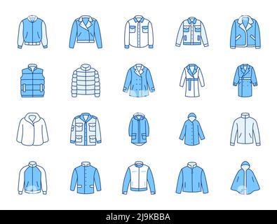 Outerwear clothes doodle illustration including icons - waterproof raincoat, windbreaker, parka, wind cheater, tracksuit, motorbike jacket. Thin line Stock Vector