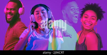 Colorful collage for multiracial millennial people enjoying life Stock Photo