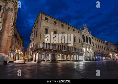 Palazzo del Monte with Pieta Chiesa San Vincenzo (Church St Vincent) baroque church. UNESCO world heritage Piazza dei Signori at twilight. Vicenza. Stock Photo