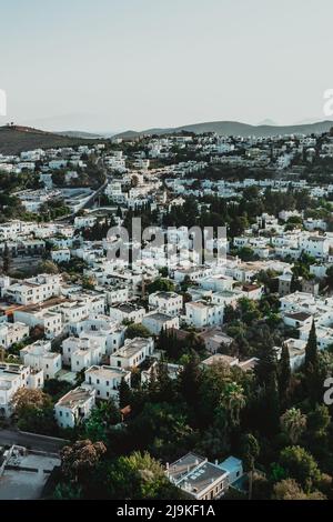 Aerial landscape of white villa homes in Bodrum Turkey during sunset Stock Photo