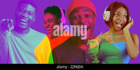 Neon collage for cheerful young african american people having fun Stock Photo