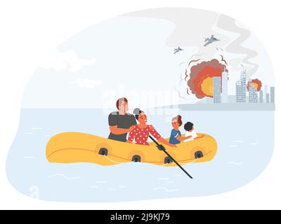 Refugees vector family run from war torn country Stock Vector
