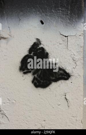 Beautiful monarch butterfly fluttering about while painted on a city wall. Stock Photo