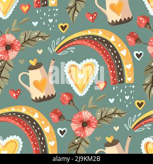 Cute vector watering can and rainbow floral seamless background. Hand drawn texture.  Stock Vector