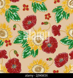 Ukrainian sunflower and poppy floral flower embroidery seamless pattern. Vector ethnic illustration Stock Vector