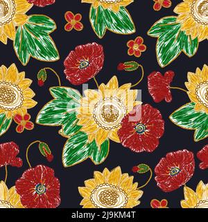 Ukrainian sunflower and poppy floral flower embroidery seamless pattern. Vector ethnic illustration Stock Vector