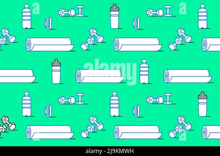 Sport pattern. Water bottle, dumbbells, bracelet, mat Stock Vector