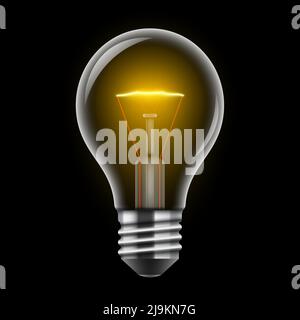Incandescent light bulb on a black background. Old style glowing lightbulb realistic vector illustration. Stock Vector