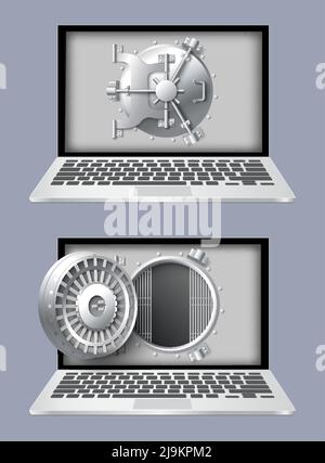 Computer security vector laptop and safe on screen Stock Vector