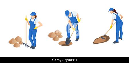 Isometric gardeners, farmers and workers caring for the garden, growing agricultural products. Worker digs the black soil with shovel in the vegetable Stock Vector