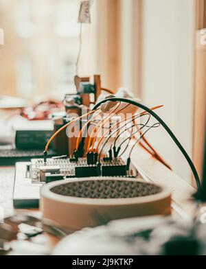Close up of a homemade electronics project circuit and wiring. Stock Photo