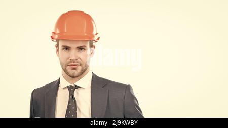 Engineering your dreams with us. Serious engineer portrait isolated on white. Architectural engineer Stock Photo