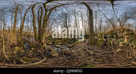 Equirectangular Stone 360° view of 360 hdri panorama near concrete support under railway ...