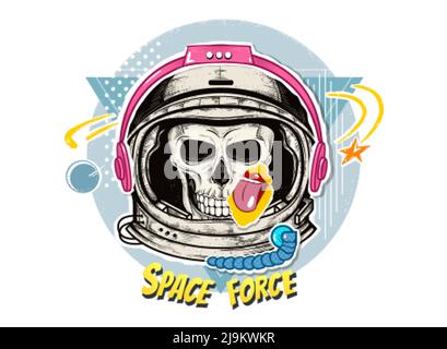 Astronaut skull in space helmet and pink headphones pop art vector illustration. Bright collage in zine culture style. Human skeleton head of cosmonaut with srats and tongue symbol sticker. Stock Vector