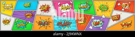 Pop art comic book speech bubbles and sound effects on colorful background. Funny vintage strip layout mock up. Cartoon vintage explosion cloud messages, bang explosion with talk phrases, text boxes. Stock Vector