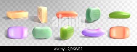 3d realistic soap bars different shapes, colors. Cosmetic product for hygienic cleanser skincare mock up top and side view isolated on transparent background. Hygiene toiletries for washing hands. Stock Vector