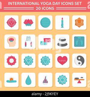 Illustration Of Colorful International Yoga Day 20 Icon Set In Flat Style. Stock Vector