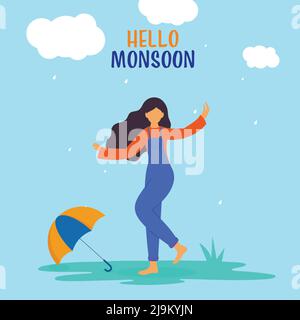 Hello Monsoon Font With Faceless Young Girl Enjoying Rainy Season And Umbrella On Turquoise Background. Stock Vector