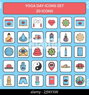 Illustration Of Colorful International Yoga Day 30 Icon Set In Flat Style. Stock Vector