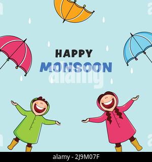 Happy Monsoon Poster Design With Cheerful Kids Wearing Raincoat And Colorful Umbrella On Cyan Background. Stock Vector