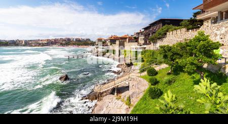 sozopol, bulgaria - AUG 09, 2015: embankment of old town on the seaside. popular travel destination. wonderful summer vacations Stock Photo