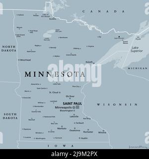 Minnesota, MN, gray political map with capital Saint Paul and metropolitan area Minneapolis. State in upper Midwestern United States.