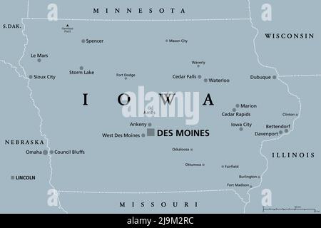 Iowa, IA, gray political map, with the capital Des Moines and most important cities. State in the Midwestern region of the United States. Stock Photo