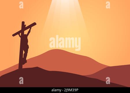 Good Friday Biblical vector illustration, back view of Jesus on the cross Stock Vector