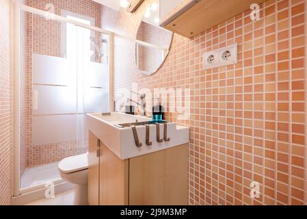 Small toilet with white porcelain sink, square shower with pink tiles and round mirror and wooden cabinet Stock Photo