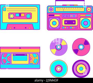 set of technology from the 90s, cassettes, CDs, VHS tapes, and boom boxes. collection of various vintage audio tapes on white background. Stock Vector