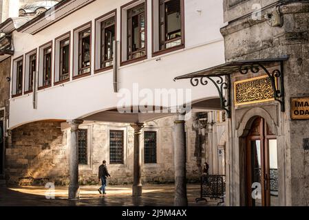 Beautiful morning light on the inner courtyard of the Eyup Sultan Mosque Complex in the Fatih District of Istanbul, Turkey. Stock Photo