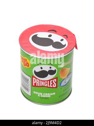 IRVINE, CALIFORNIA - 22 MAY 2022: A can of Pringles Sour Cream and Onion Potato Chips. Stock Photo