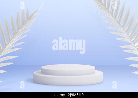 Double base for product presentation on a blue background with white palm leaves decoration Stock Photo