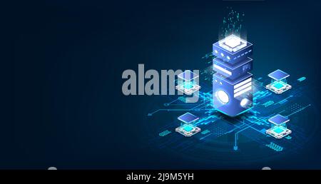 Blue banner Big data processing by the latest computer in isometric view Stock Vector
