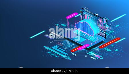 Laptop with programming code and cloud storage in isometric. Futuristic banner Stock Vector