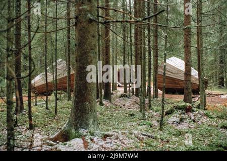Gigantic wooden megaphones amplify the sounds of the forest in Pähni, Võru County, Estonia. The forest megaphones are an installation consisting of three giant wooden megaphones where the sounds of nature can be listened to in an amplified manner. Stock Photo