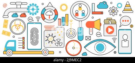 Personal data protection technology. Abstract access to information in mobile phone by fingerprint recognition, online cloud storage and privacy in infographic concept banner, thin line art design Stock Vector