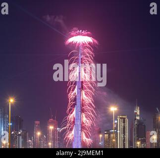 View of the spectacular fireworks at the Burj Khalifa captured during the new year eve celebrations Stock Photo