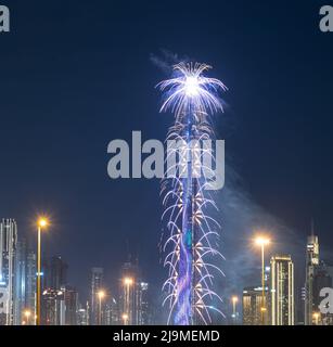 View of the spectacular fireworks at the Burj Khalifa captured during the new year eve celebrations Stock Photo