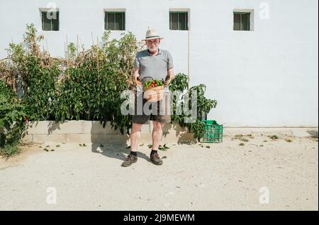 Senior male farmer in summer clothes standing with ripe vegetables in wicker basket and looking at camera against house in countryside Stock Photo