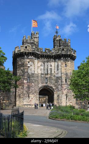 View of St John O'Gaunt's Gateway, the main entrance to Lancaster Castle, Lancaster, Lancshire, England. Stock Photo